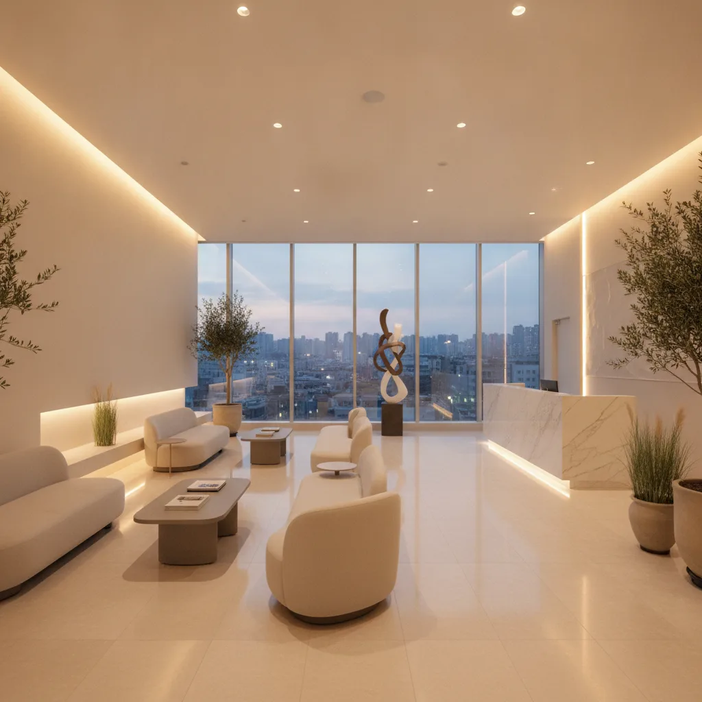 A calm, modern clinic lobby at dusk with a city view