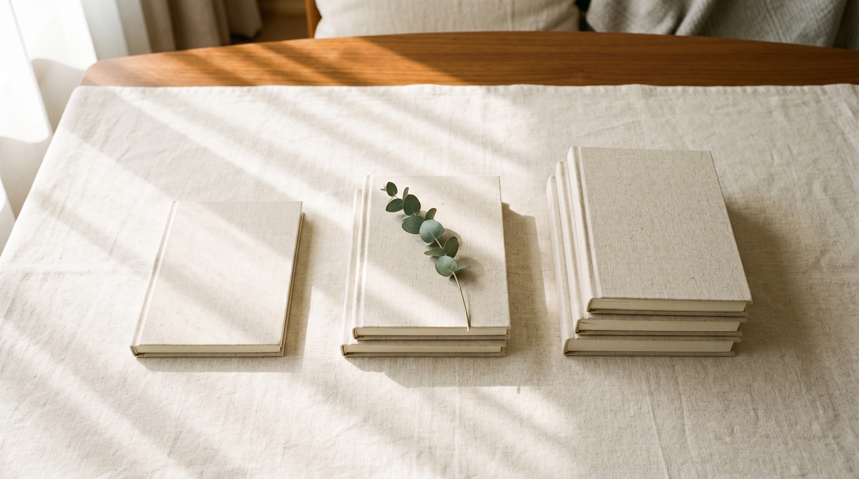 Three stacks of bone-linen notebooks in graduated heights on warm linen with a sage eucalyptus sprig, visual metaphor for $1k/$2k/$3k Seoul aesthetic budget tiers