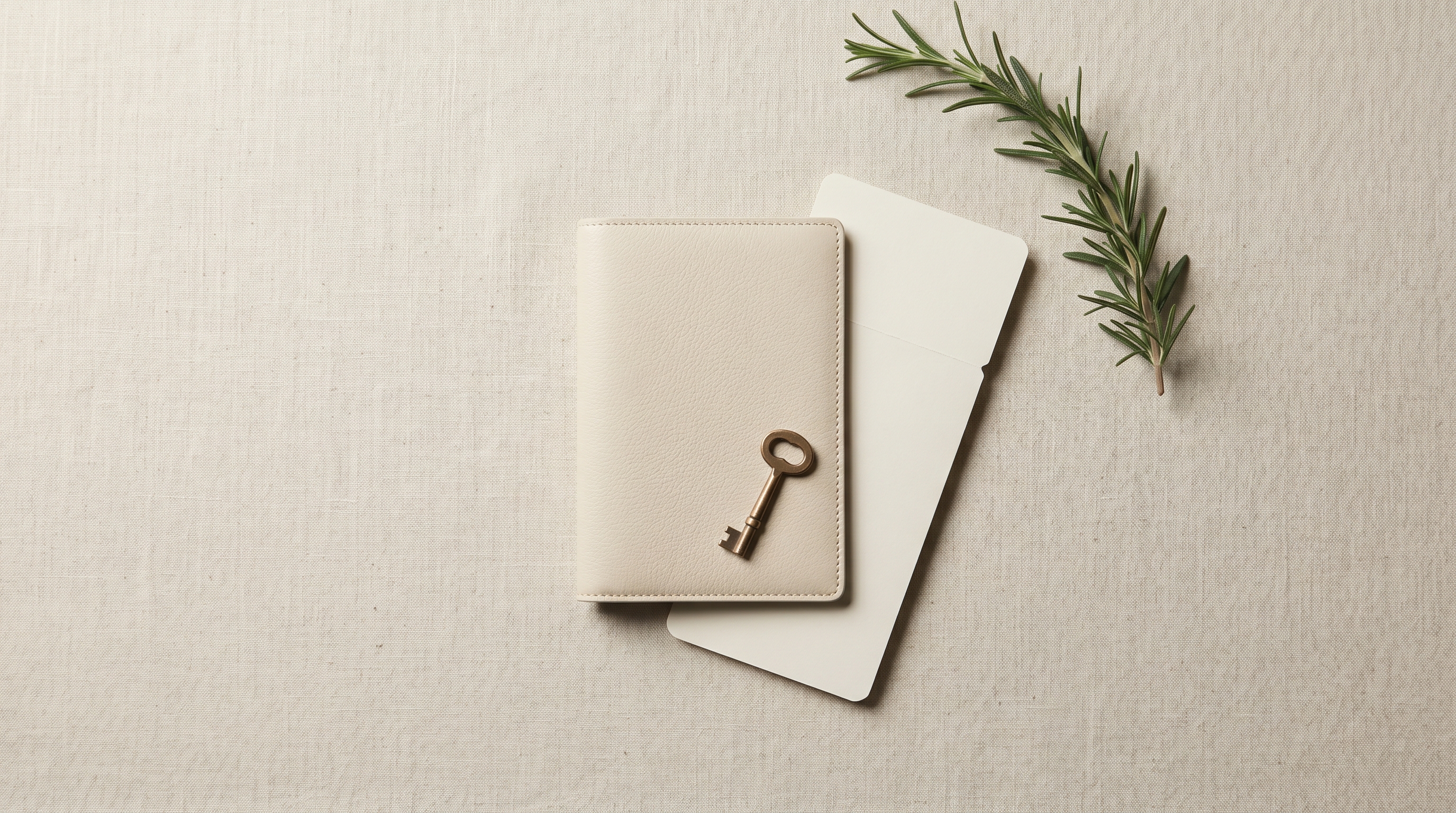 Cream-leather passport holder, folded boarding-pass-shaped card, bronze key, and rosemary sprig on a warm linen surface, calm pre-flight contemplation