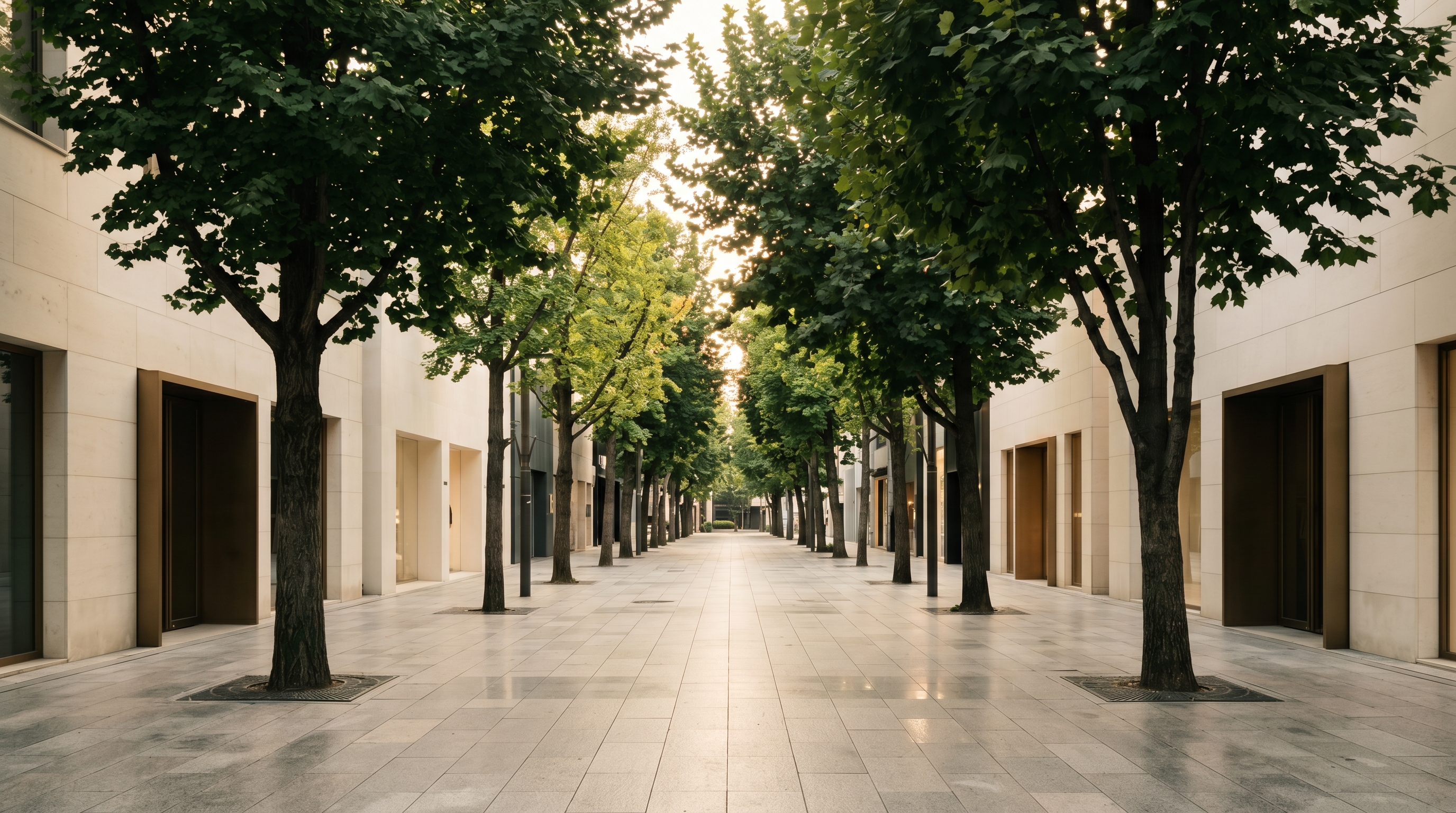 Apgujeong-Rodeo style premium tree-lined avenue with manicured plane trees, polished granite pavement, and restrained cream-stone luxury facades