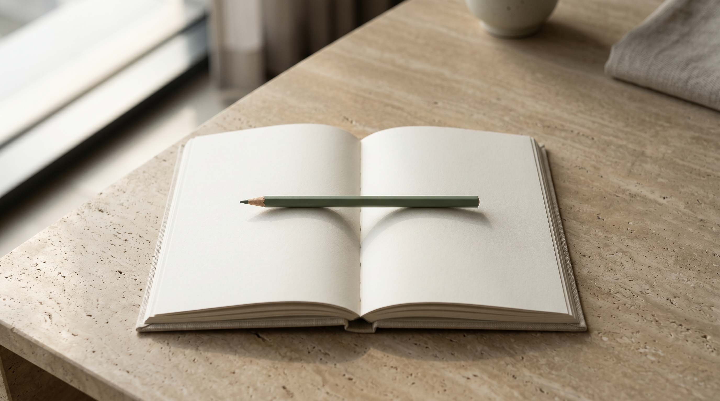 Open bone-linen notebook with a sage pencil resting precisely centred across the spine on a warm stone surface, visual metaphor for staying focused on a pre-decided plan