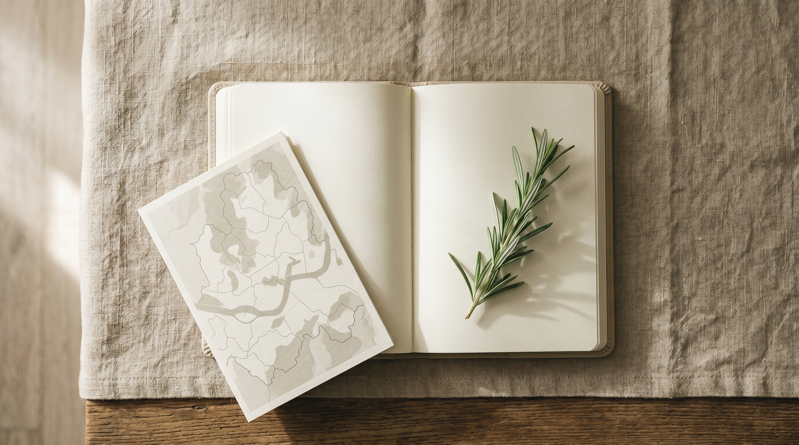 Open bone-leather notebook with a folded abstract Seoul map and a sage rosemary sprig, visual cue for booking a Seoul clinic from abroad