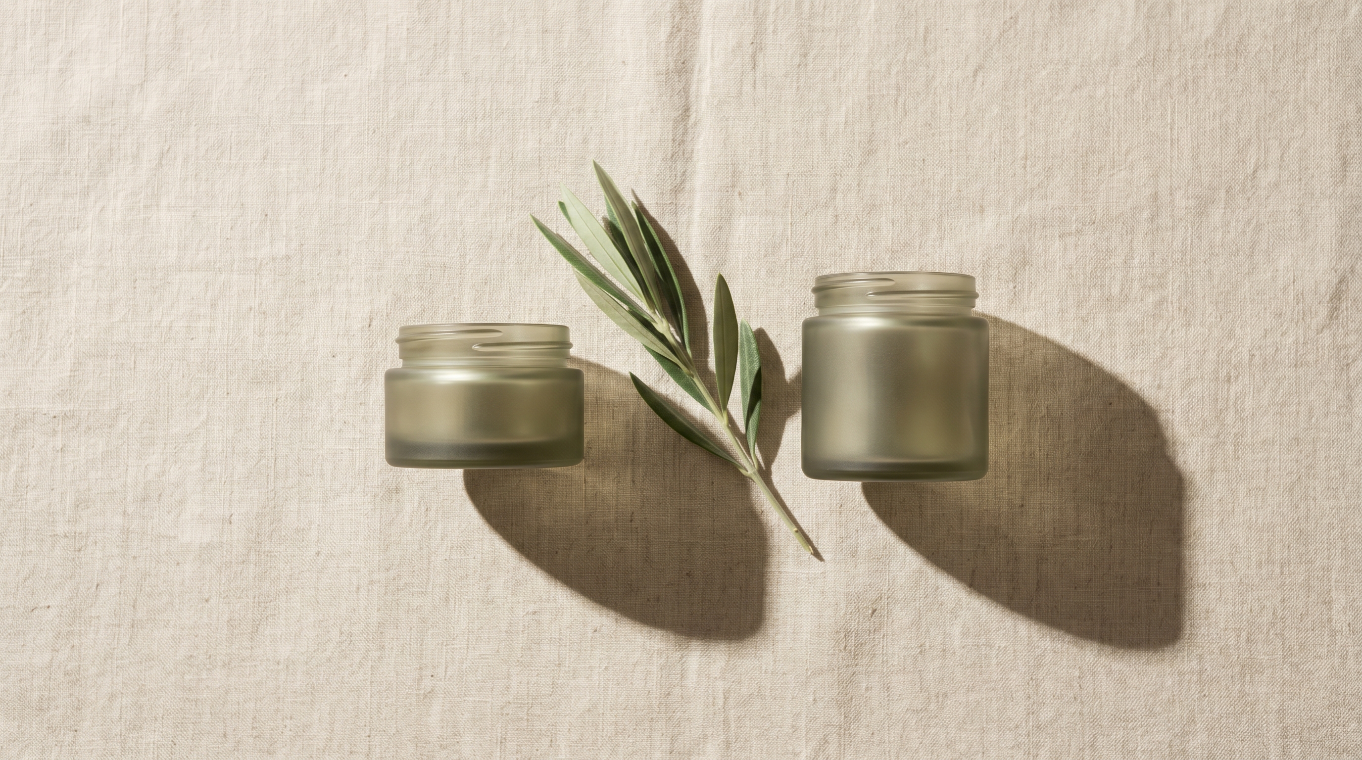 Two unlabelled frosted-glass jars side by side with a sage olive sprig between them, visual metaphor for the botox-or-filler decision