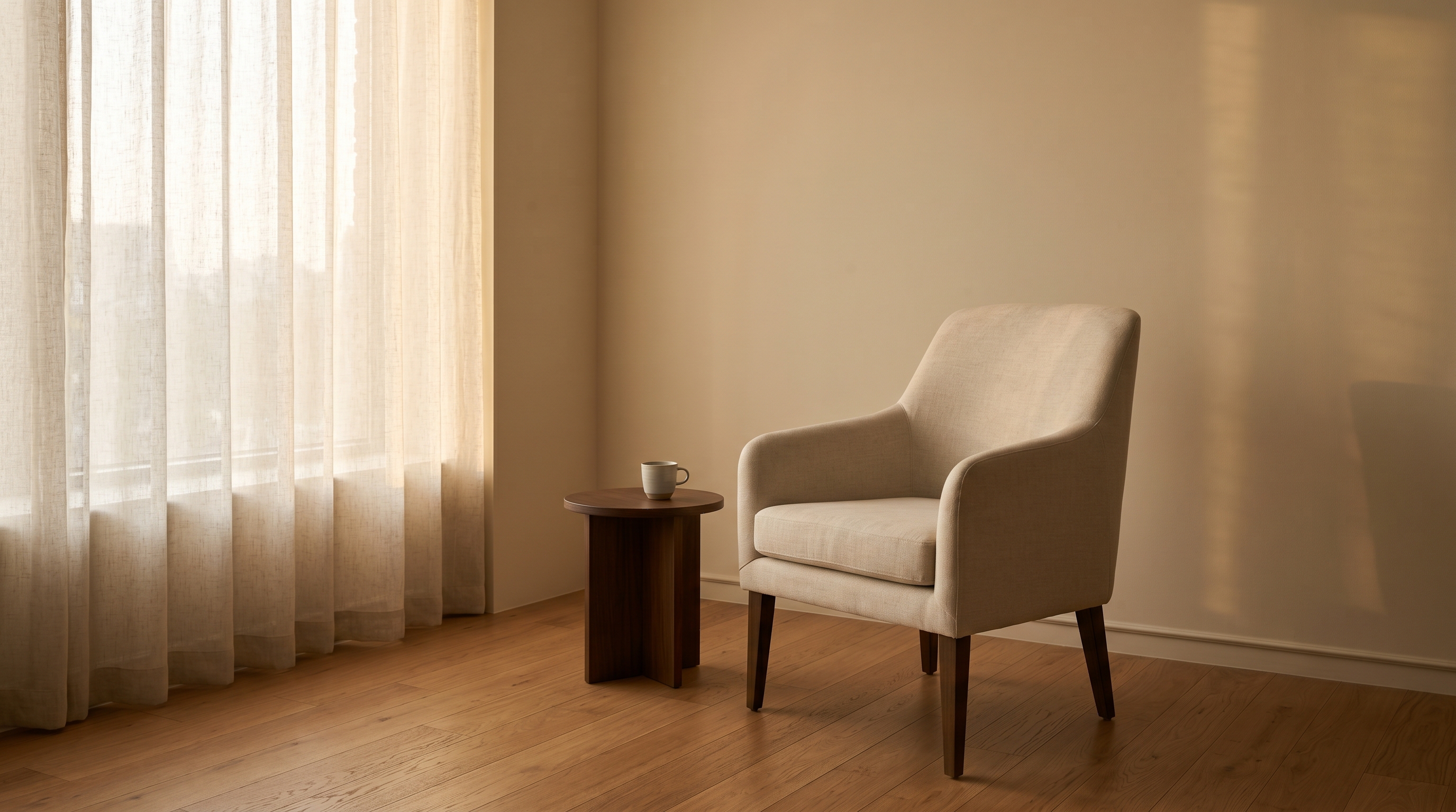 Empty bone-linen consultation chair in a quiet warm-walled room with afternoon light through linen, calm awaiting-arrival mood for a first Korean aesthetic consultation