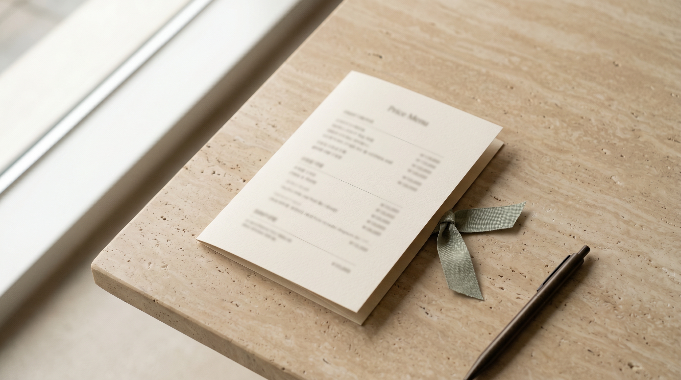 Folded cream-coloured card with a sage linen ribbon and bronze pen on travertine, visual stand-in for a Korean clinic menu without legible text
