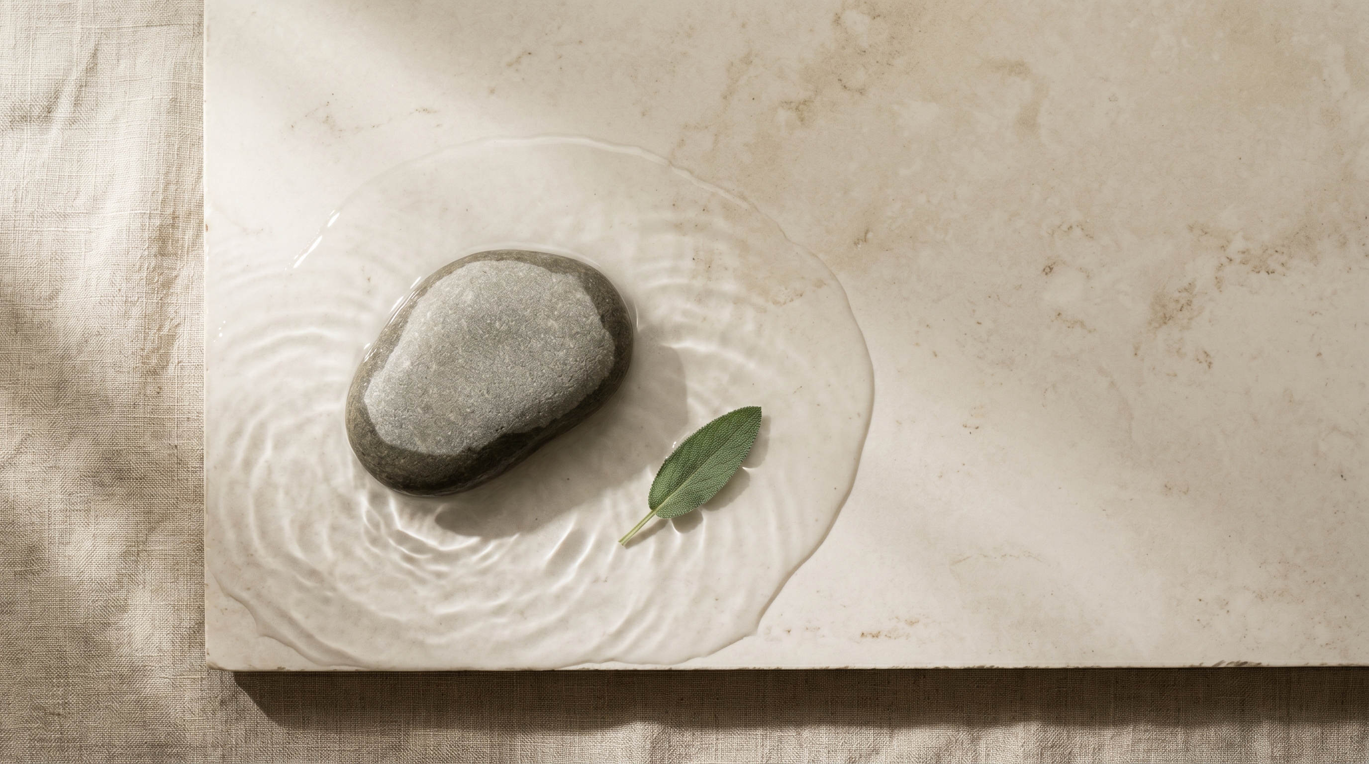 Small grey-toned river stone partially submerged in shallow clear water with a floating sage leaf on warm linen, visual metaphor for gradual pigmentation fading