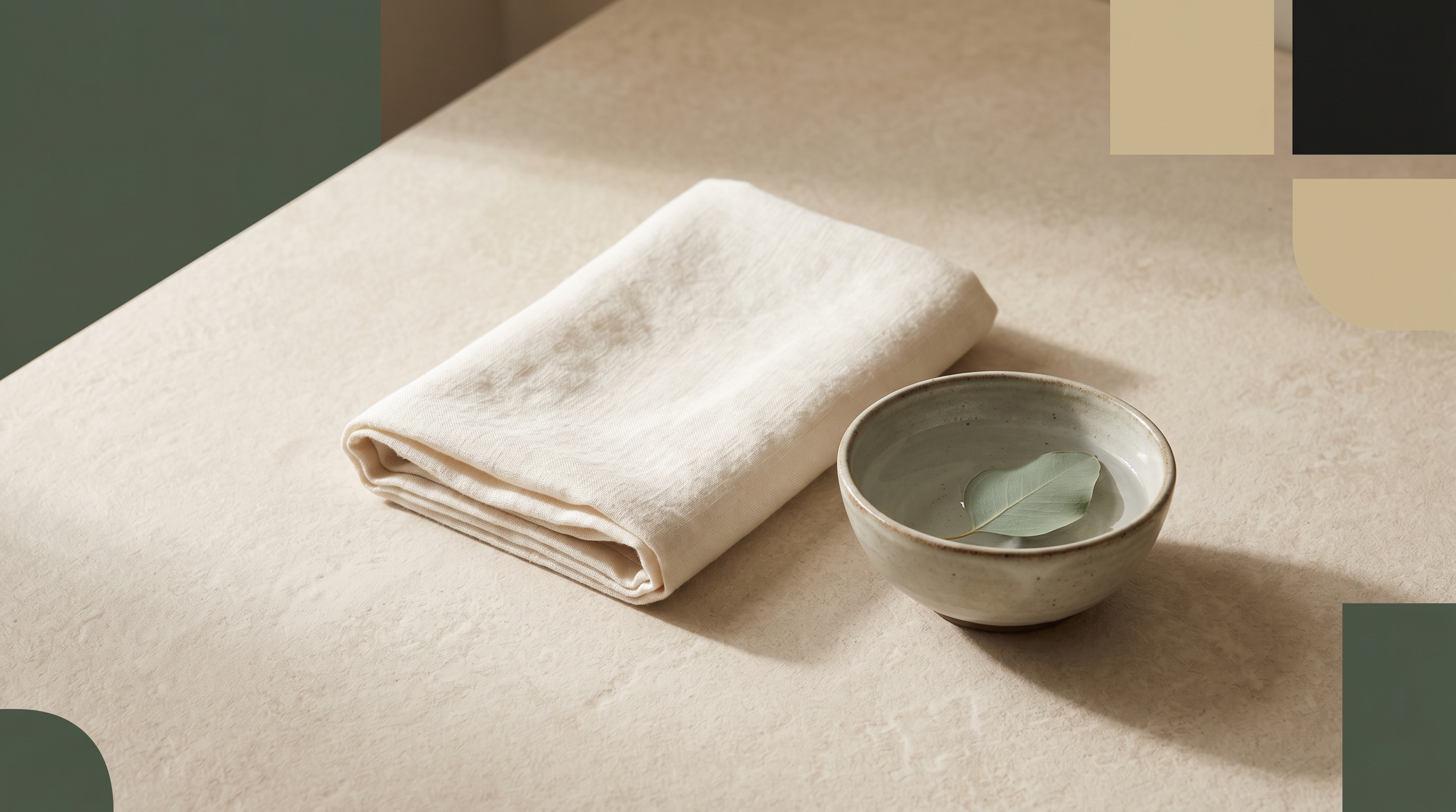 Folded cream linen towel and a ceramic bowl of water with a floating eucalyptus leaf on a warm stone surface, calm restorative-recovery mood