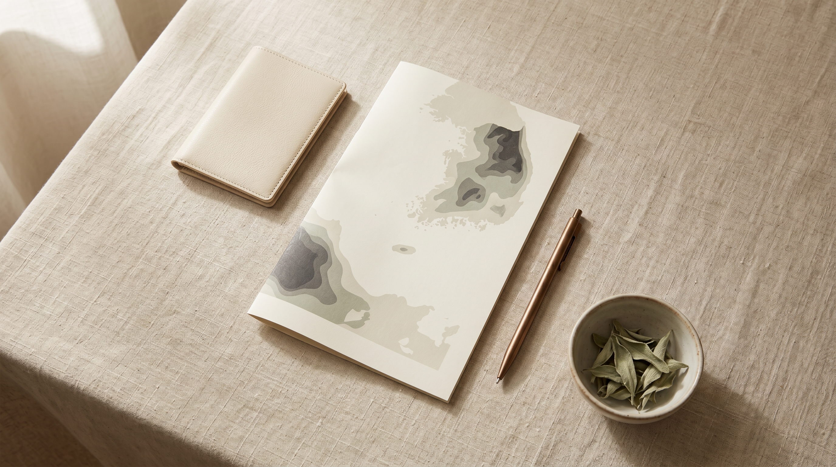 Overhead flat-lay of passport holder, abstract Seoul map, ceramic bowl of dried sage leaves, and a slim bronze pen on warm linen, calm trip-planning composition