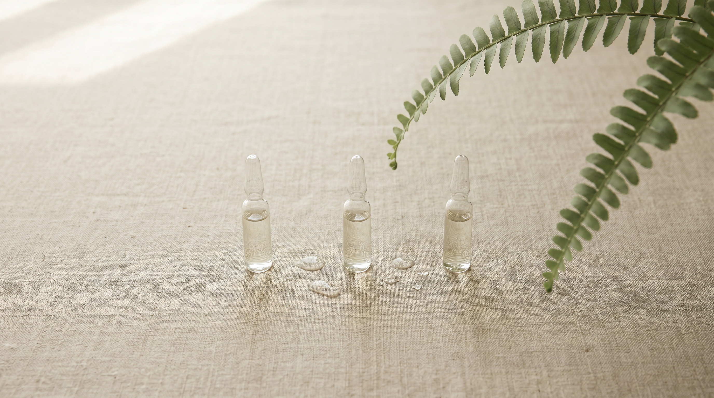 Three clear glass ampoules on a raw bone-toned linen surface with a sage-green fern leaf, visual metaphor for the three-session Rejuran polynucleotide protocol