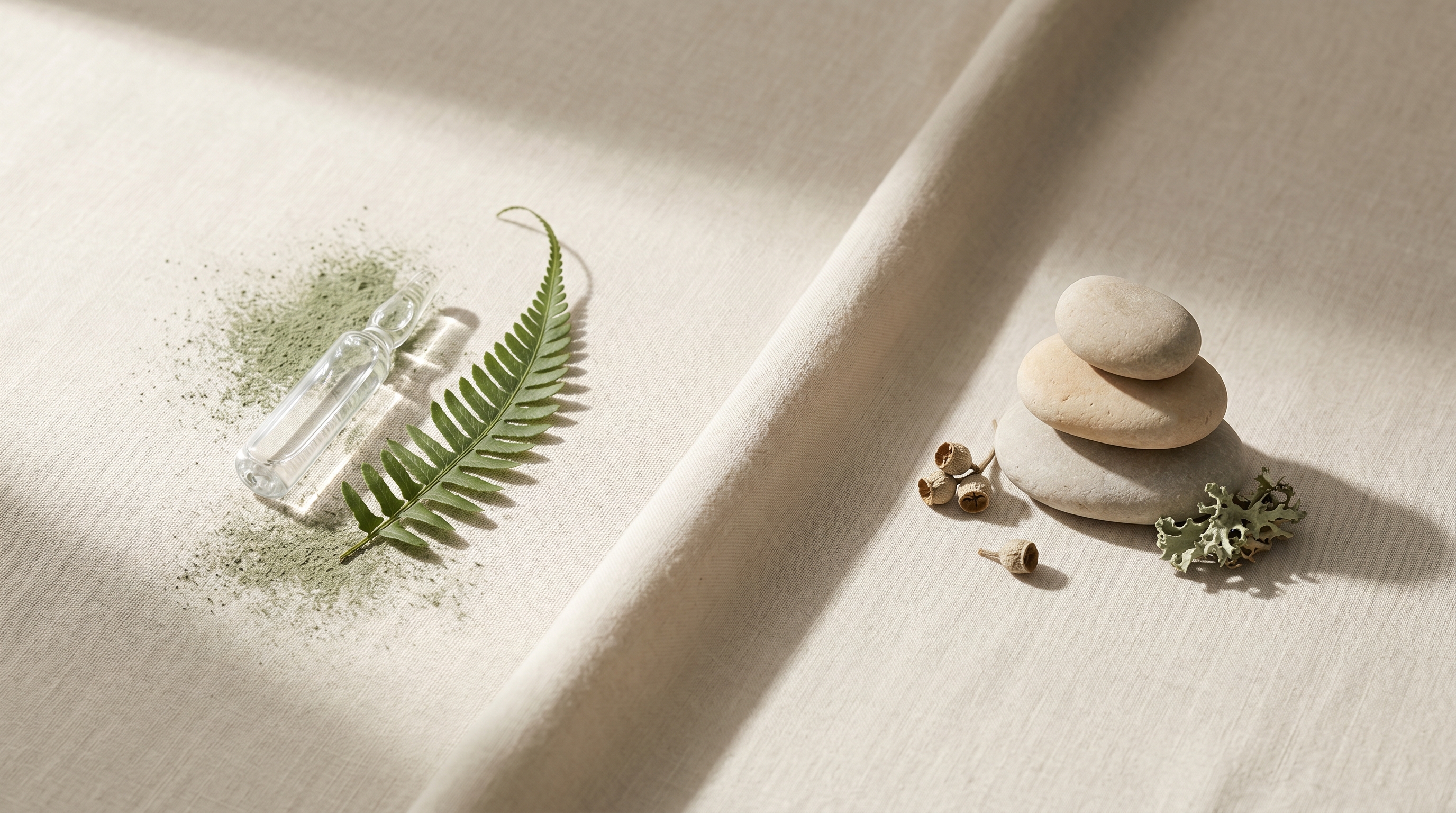 Two contrasting compositions on linen, fern-and-ampoule for healing, stacked stones for collagen building, visual metaphor for Rejuran vs biostimulators