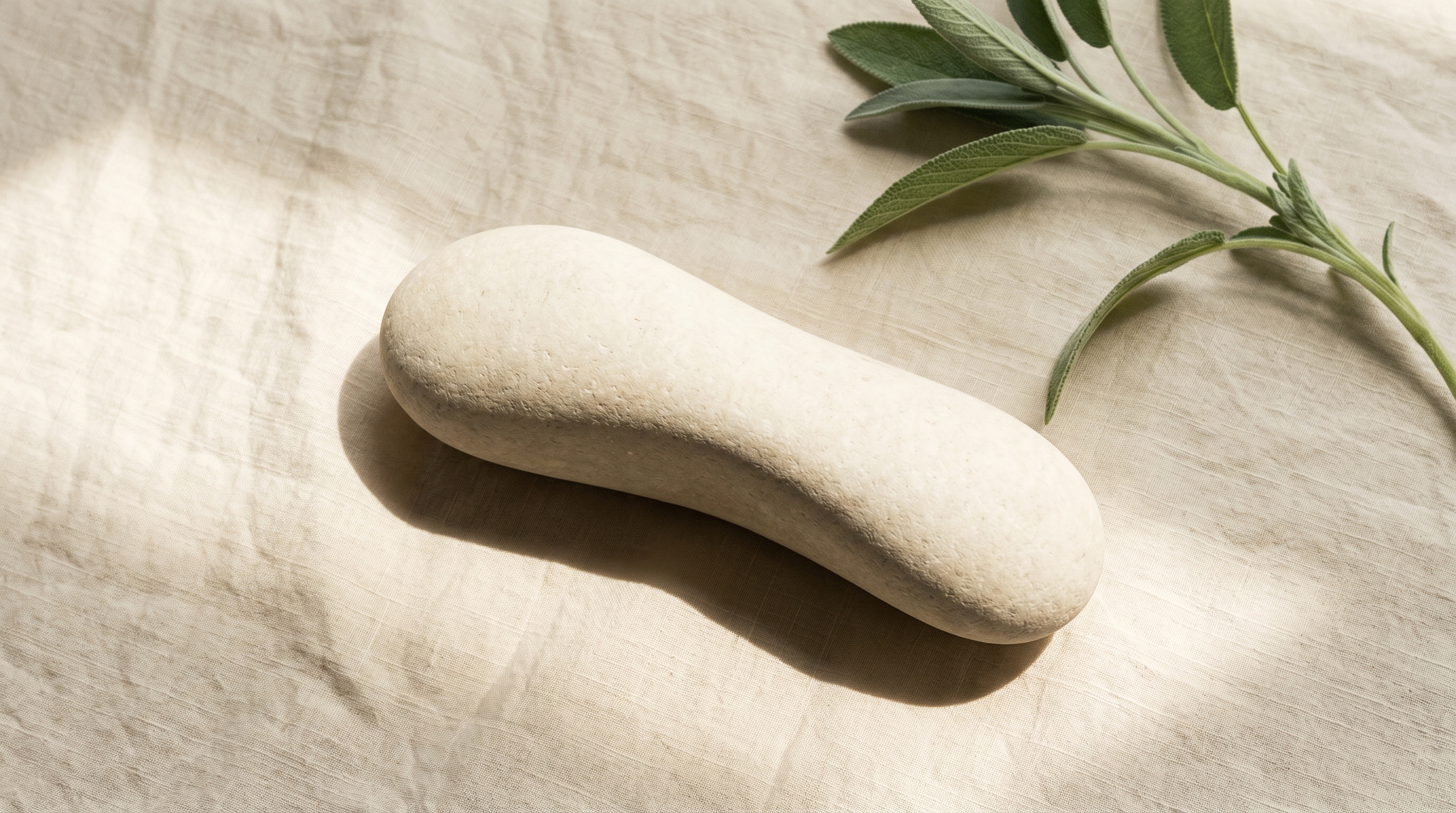 Single smooth elongated bone-coloured river stone with a curved profile on warm linen, sage sprig echoing the curve, abstract jawline-contour study