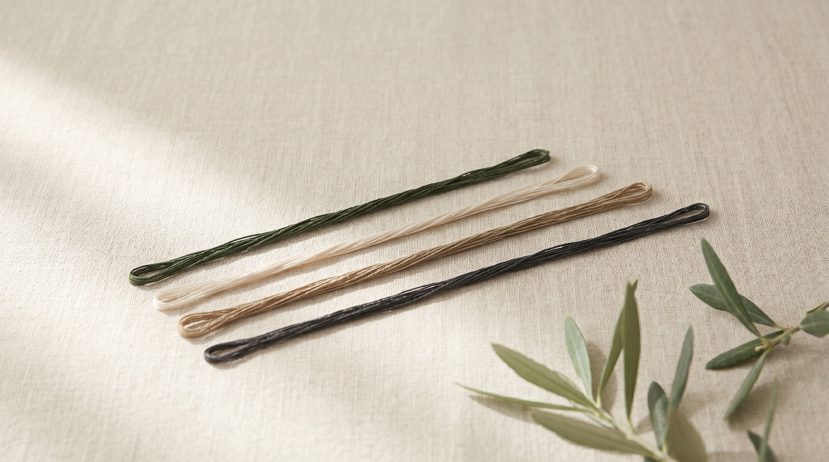 Three single fine silk threads in graduated lengths laid in parallel on a warm bone-coloured linen surface, visual metaphor for the PDO/PCL/PLLA thread material tiers
