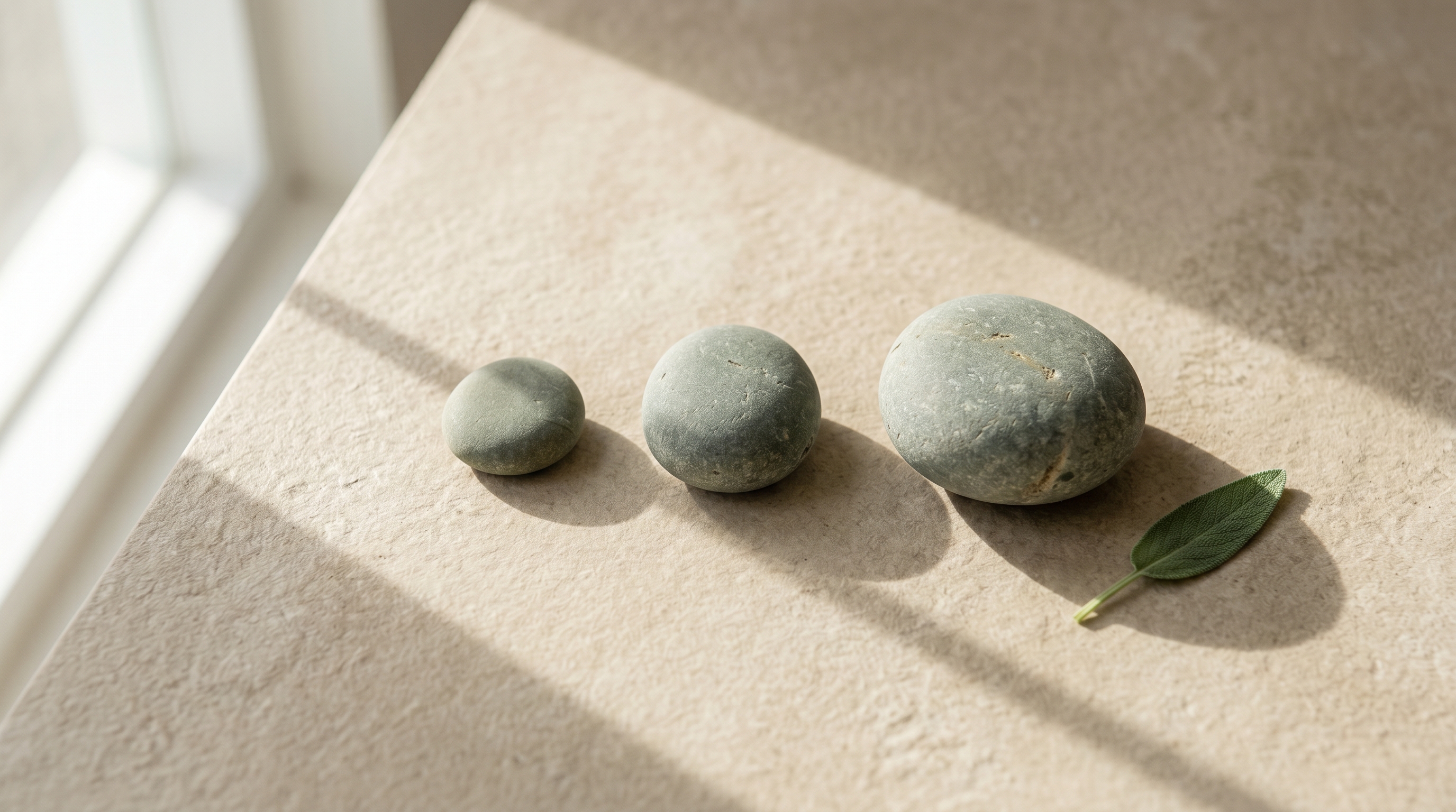 Three smooth river stones in graduated sizes arranged on a bone-coloured slab, visual contrast between Ultherapy, Thermage and Sofwave