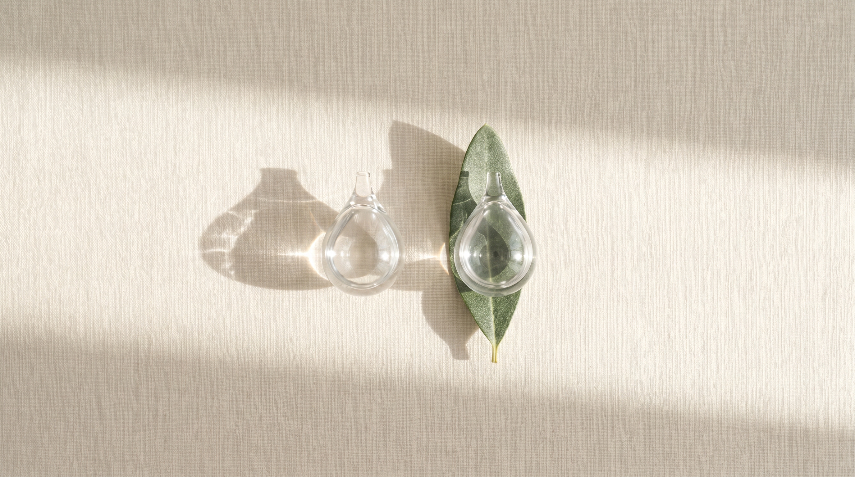 Two delicate small clear-glass droplet-shaped vessels on warm linen, one cradled in a sage olive leaf, visual metaphor for the delicate periocular treatment choice
