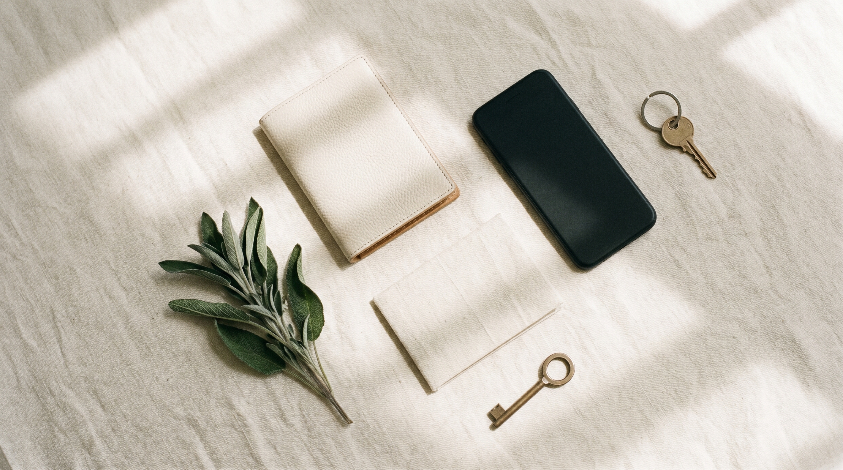 Overhead flat-lay of passport holder, slim phone, folded linen card, bronze key, and sage sprig on bone-coloured linen, packing essentials for a Korean clinic consultation