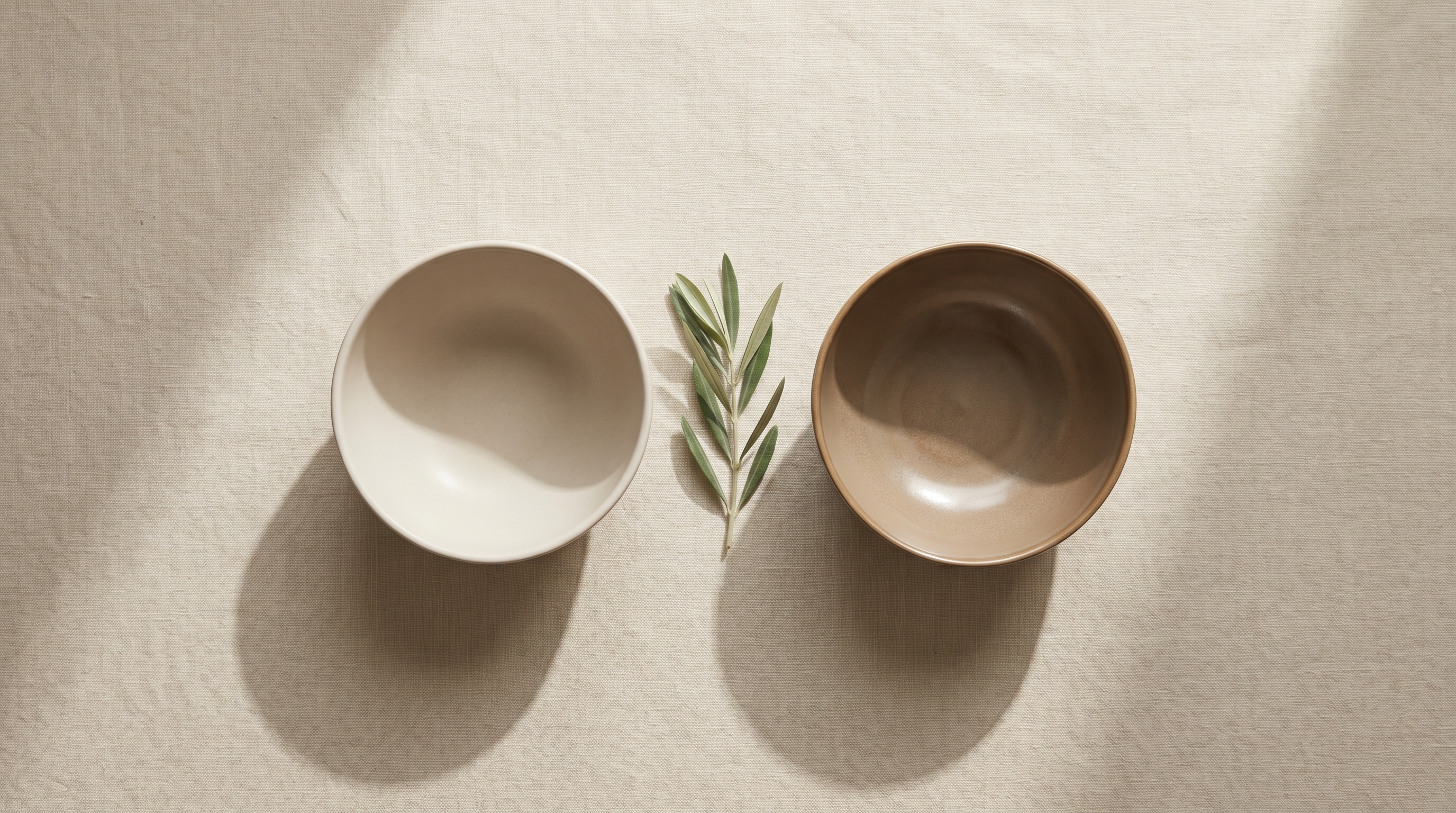Two unlabelled bowls of identical shape, one matte ceramic, one polished bronze-tinted, side by side with an olive sprig between them, visual metaphor for premium-vs-standard tier choice