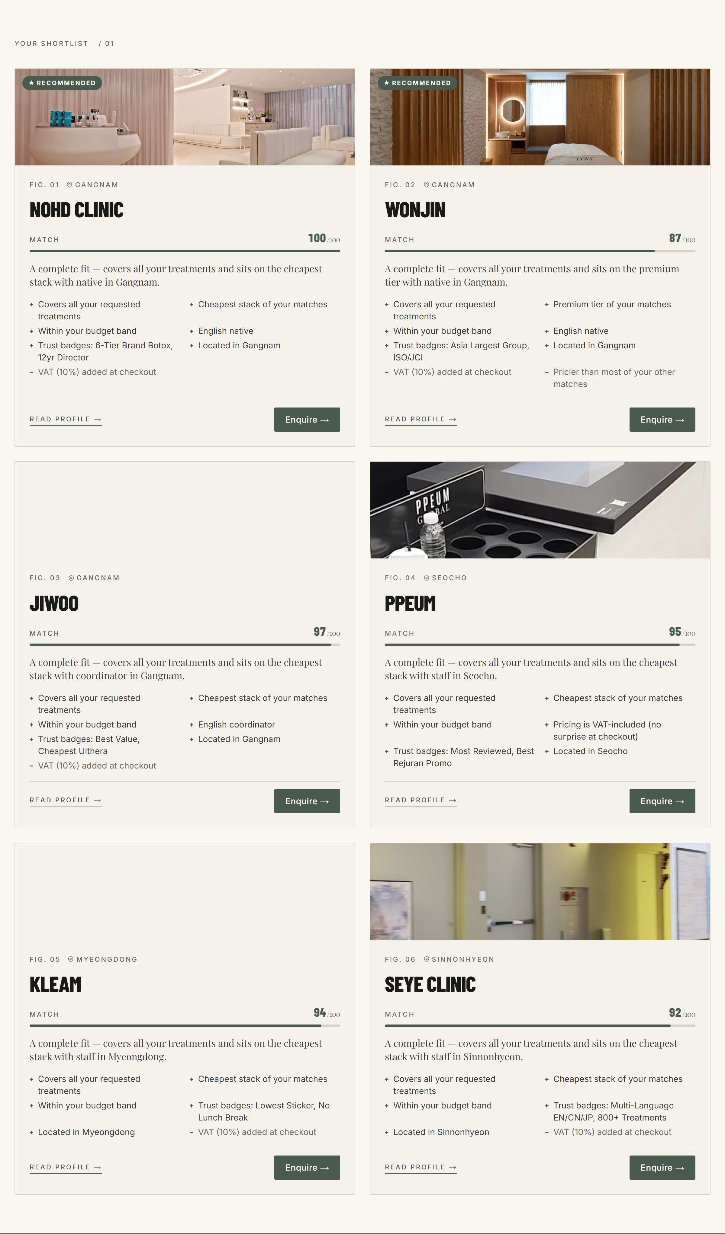 Matched Seoul clinics shortlist with match scores and transparent pricing